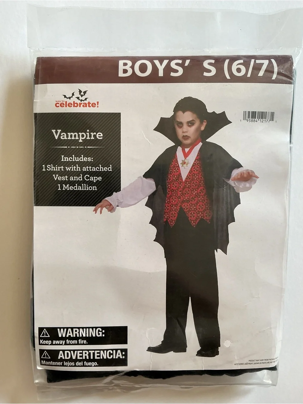 New Vampire Costume Boys' Size S 6/7 3pc Shirt w/ Attached Vest Cape & Medallion